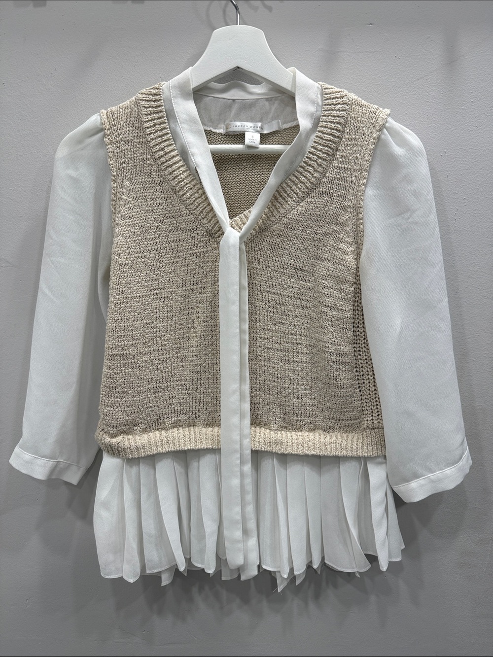 LC Lauren Conrad Cream Knit Vest Layered Over White Chiffon Blouse